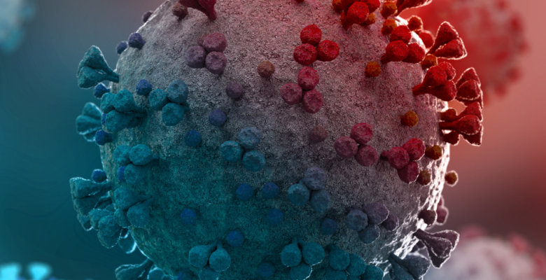 Red and Blue image of the COVID-19 Virus