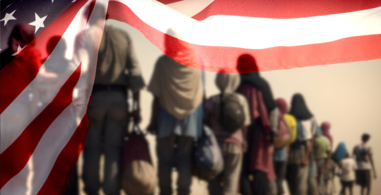 blurred line of refugees with backs turned to camera, american flag graphic border overlay