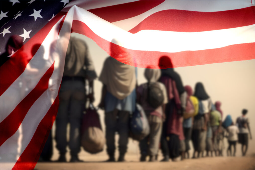 blurred line of refugees with backs turned to camera, american flag graphic border overlay