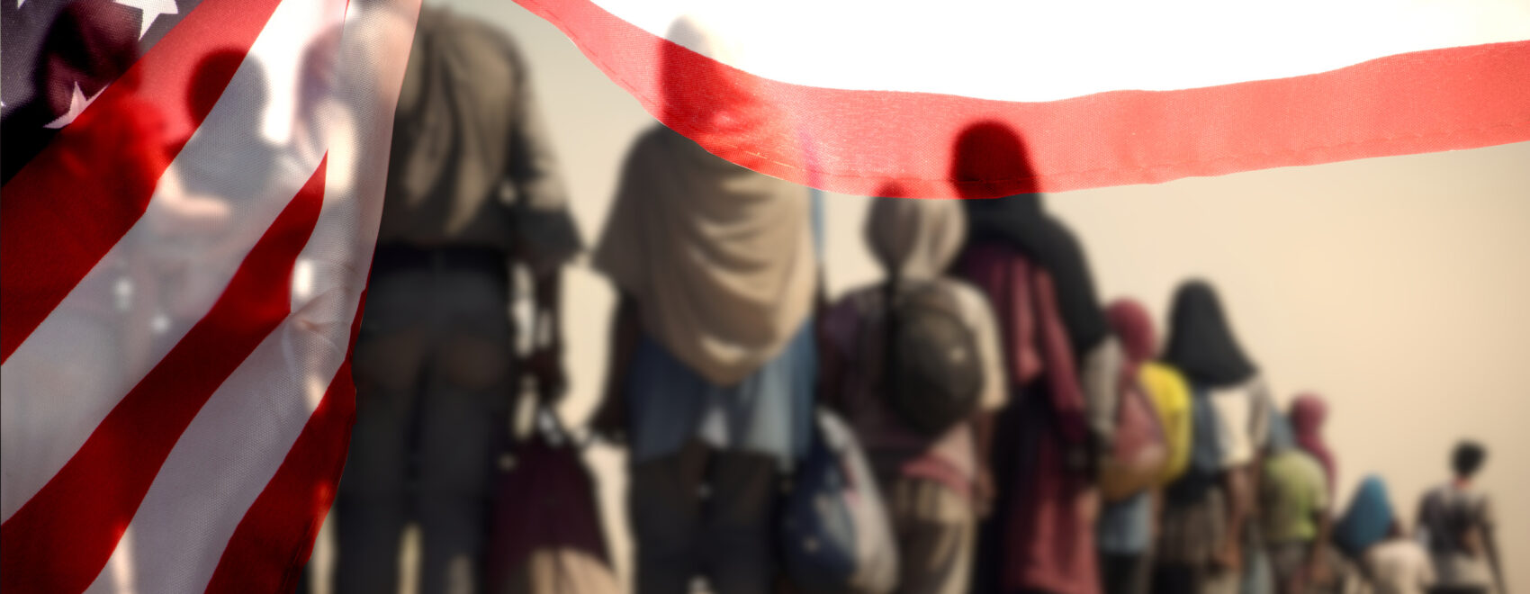 blurred line of refugees with backs turned to camera, american flag graphic border overlay