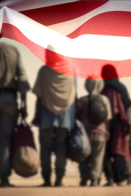 blurred line of refugees with backs turned to camera, american flag graphic border overlay