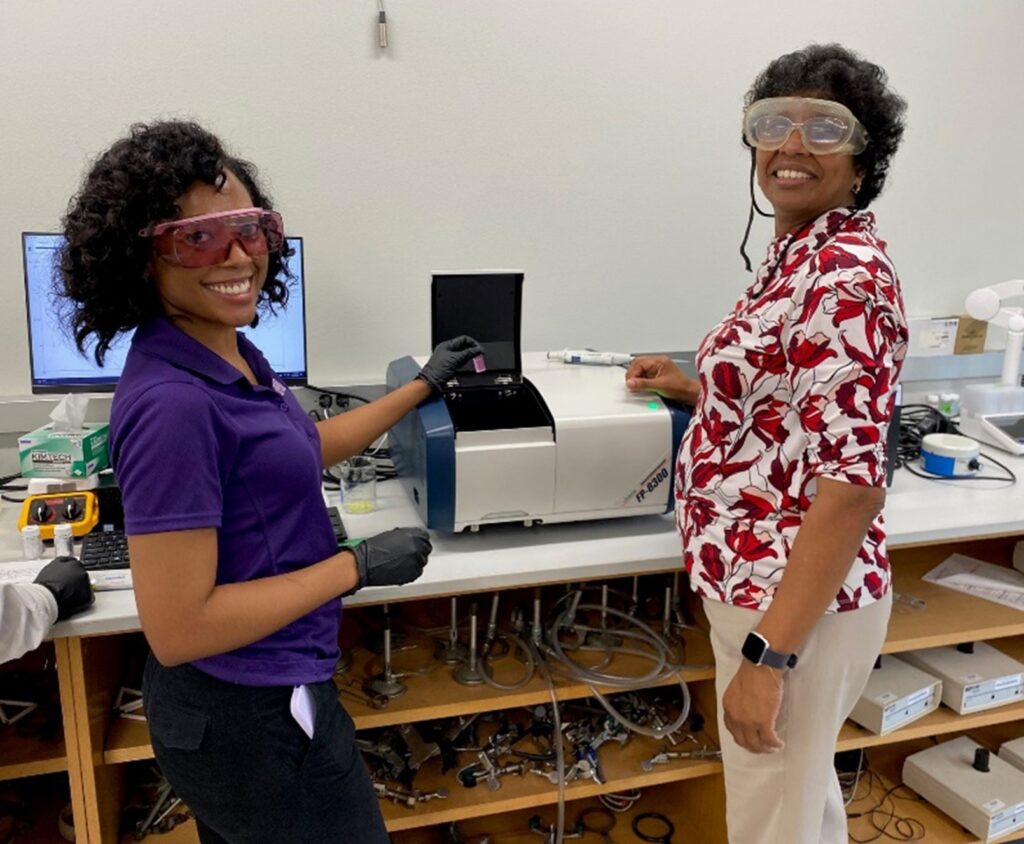 Two women standing at a laboratory bench facing backward toward camera smiling.